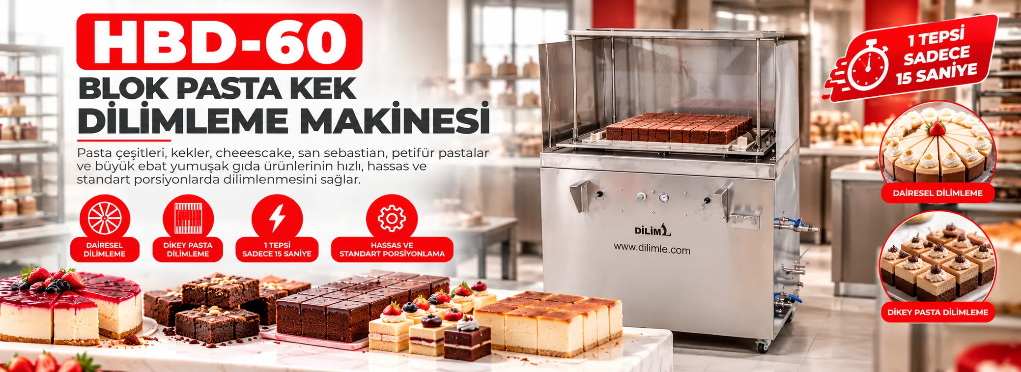 HBD 60 Blok Pasta Kek Dilimleme Makinesi ve kestiği ürünler