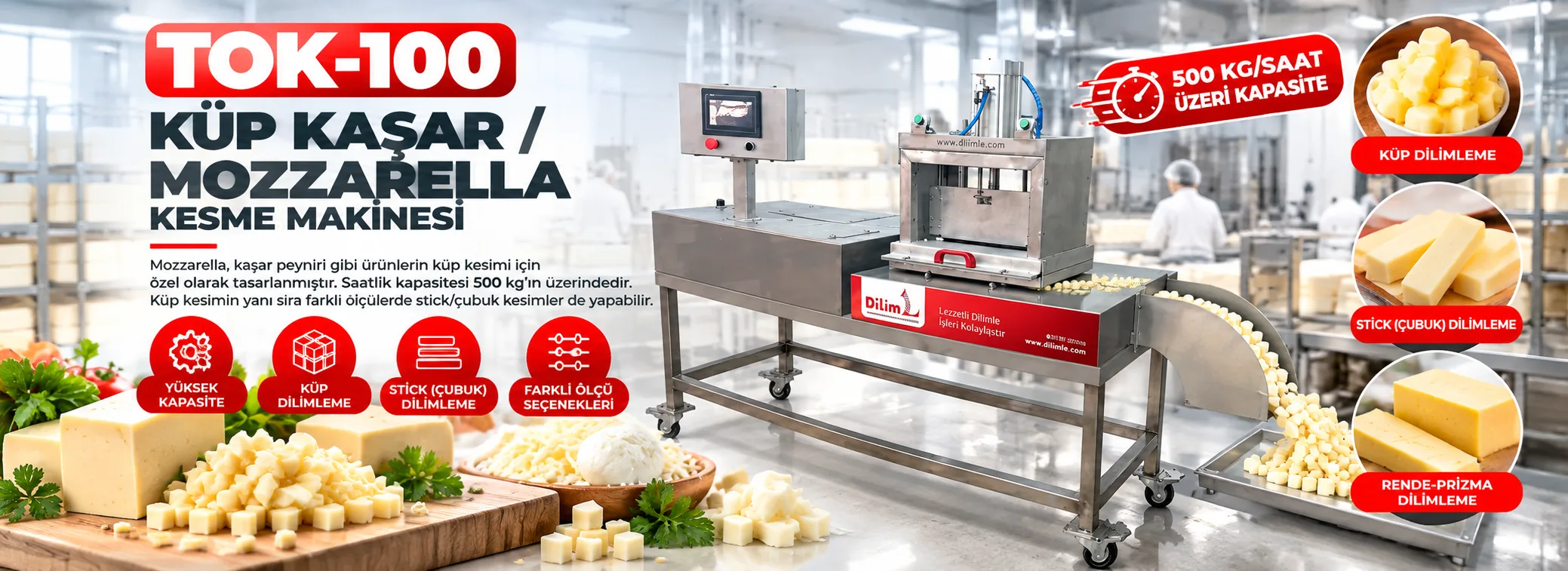 TOK 100 Küp Kaşar / Mozzarella Kesme Makinesi ve kestiği ürünler
